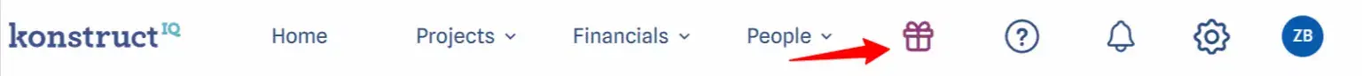 KonstructIQ top navigation showing the gift icon