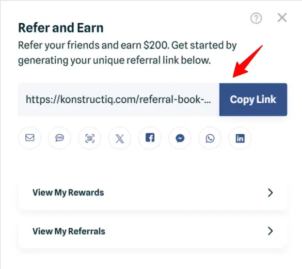 KonstructIQ referral section showing the personal referral link