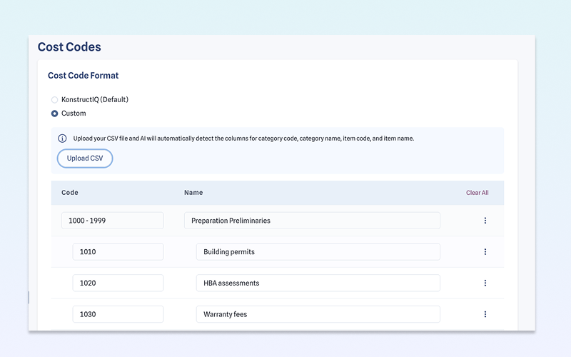 KonstructIQ custom cost codes
