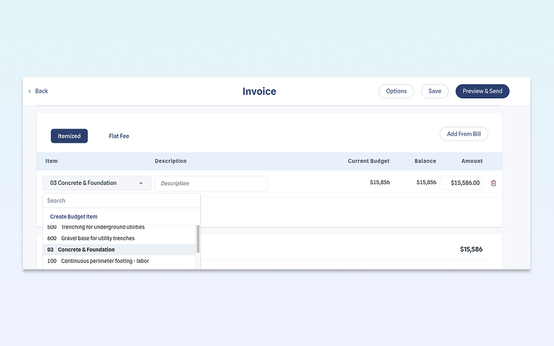 KonstructIQ budget-linked invoicing by category