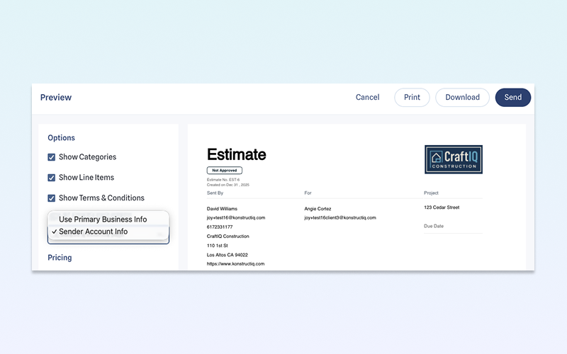 KonstructIQ contact info controls on estimates